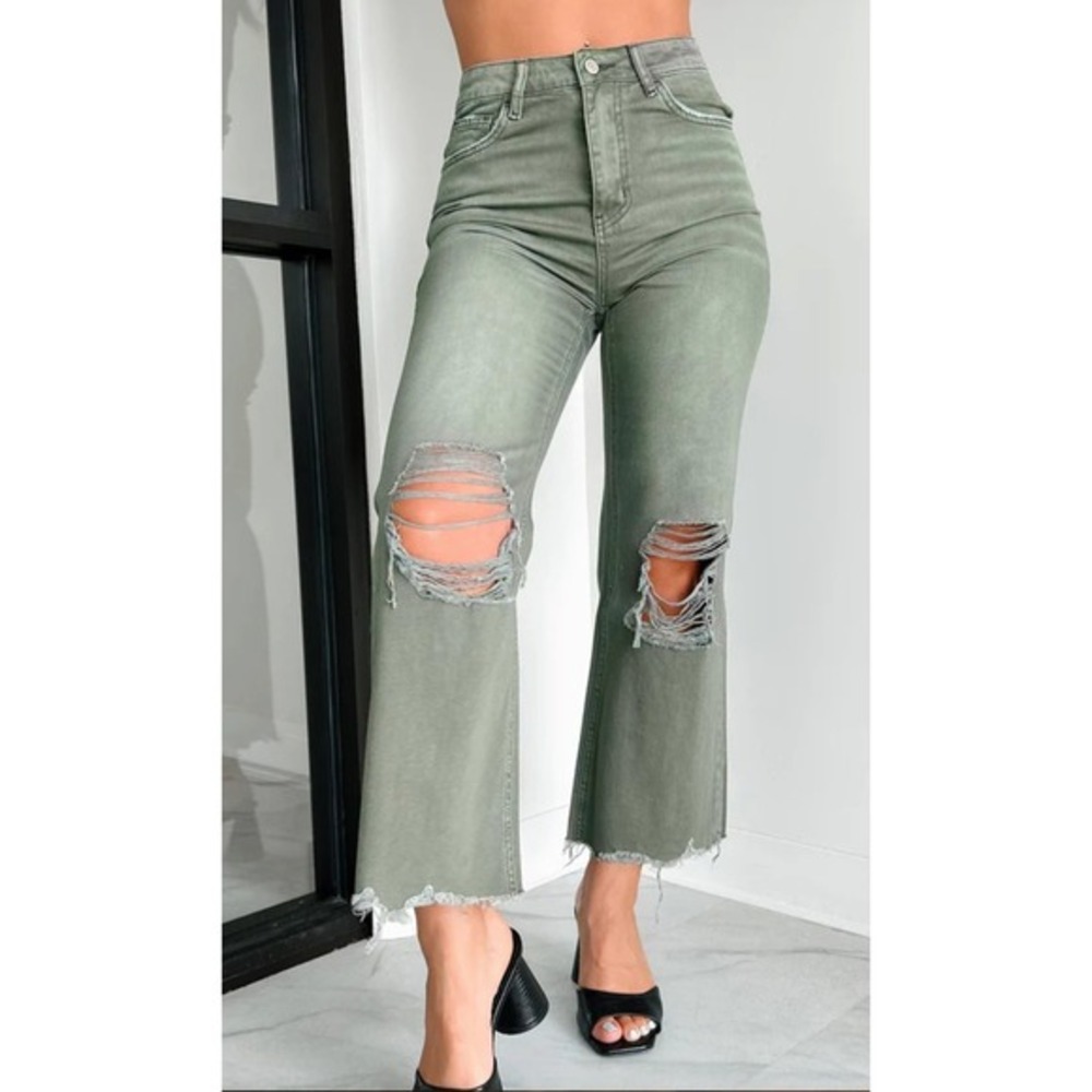 High-Rise Olive Green Distressed Crop Jeans